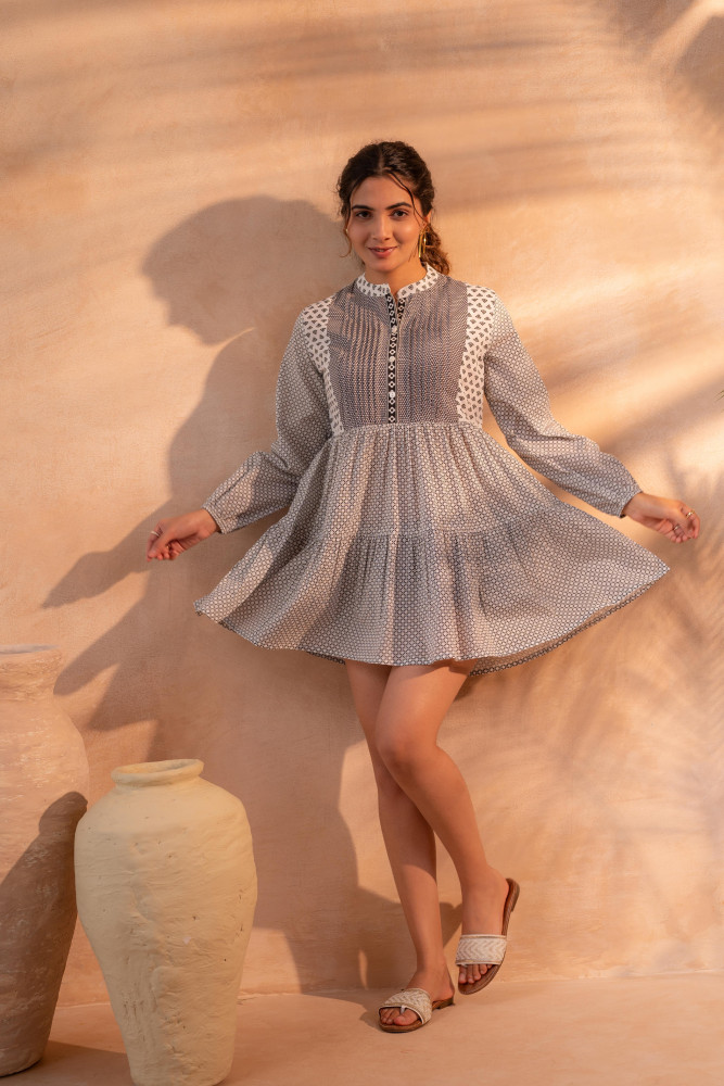 White &amp; Black Printed Flared tunic with Pintuck Yoke