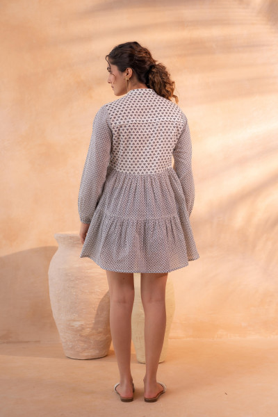 White & Black Printed Flared tunic with Pintuck Yoke