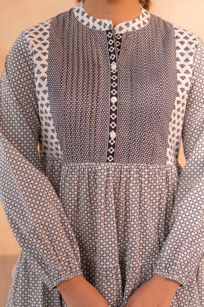 White & Black Printed Flared tunic with Pintuck Yoke