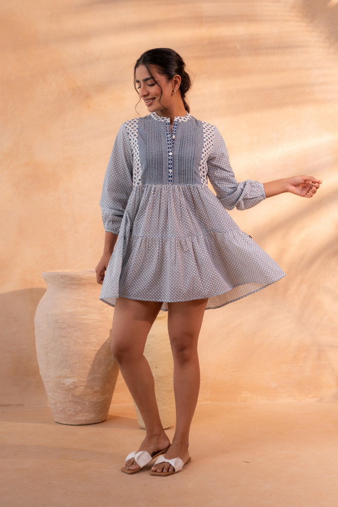 White &amp; Blue Printed Flared tunic with Pintuck Yoke