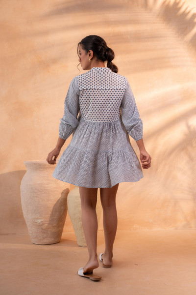 White & Blue Printed Flared tunic with Pintuck Yoke