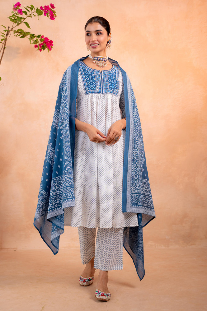 Blue &amp; White  Viraasat Printed Kurta Pant And Dupatta Set with Dupatta