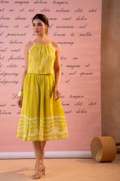 Lime Tie-Dye Printed Cotton Top &amp; Skirt Set