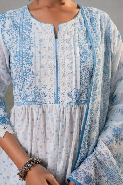 Neelambar Skyblue Printed Flared Kurta Pant And Dupatta Set