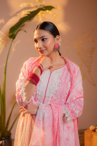 Gulnaar  Pink  Printed Flared Kurta Pant And Dupatta Set
