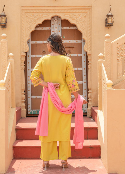 Lime Floral Printed Kurta Pant and Dupatta Set with Sequin Accents