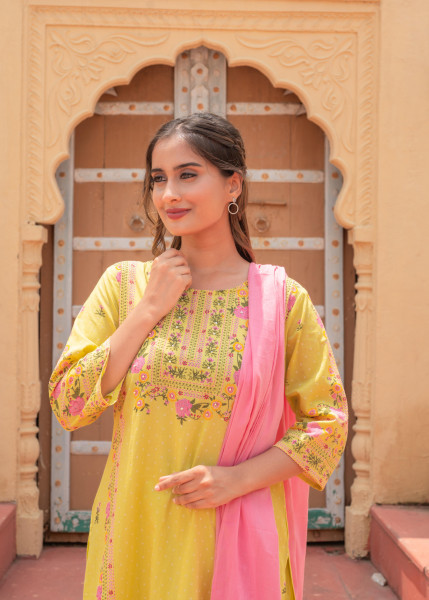 Lime Floral Printed Kurta Pant and Dupatta Set with Sequin Accents