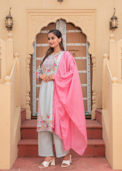 Mint Floral Printed Kurta Pant and Dupatta Set with Sequin Accents