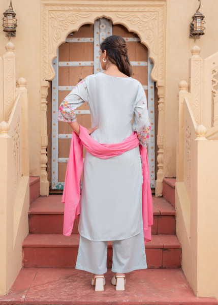 Mint Floral Printed Kurta Pant and Dupatta Set with Sequin Accents