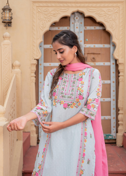 Mint Floral Printed Kurta Pant and Dupatta Set with Sequin Accents
