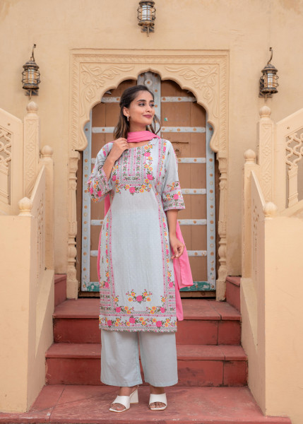 Mint Floral Printed Kurta Pant and Dupatta Set with Sequin Accents