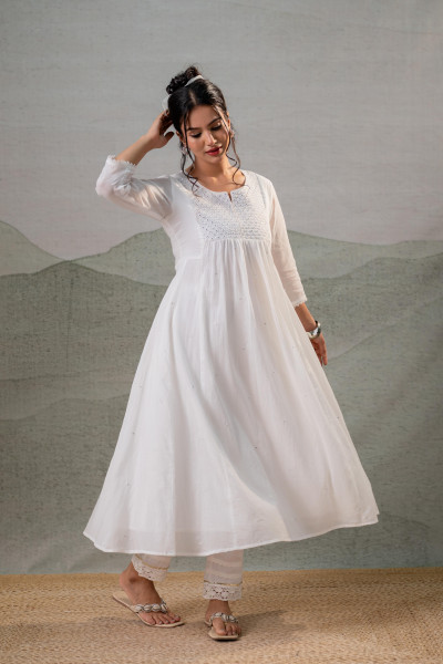 Cotton  White Noor Flared Kurta