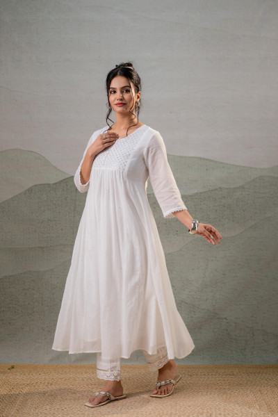 Cotton  White Noor Flared Kurta