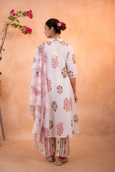Elegant White Floral Kurta Set with Pink Dupatta
