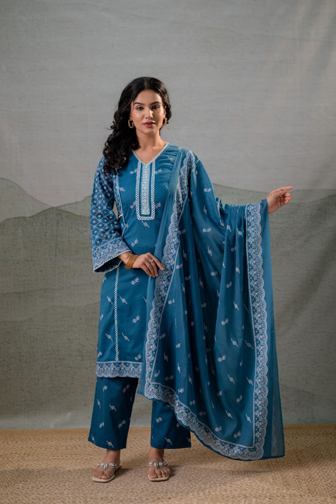 NeelraIndigo  Teal  Printed Kurta Pant And Dupatta Set