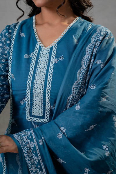 NeelraIndigo  Teal  Printed Kurta Pant And Dupatta Set