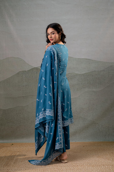 NeelraIndigo  Teal  Printed Kurta Pant And Dupatta Set