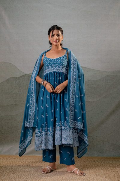Indigo Printed Anarkali Kurta Set with Matching Dupatta