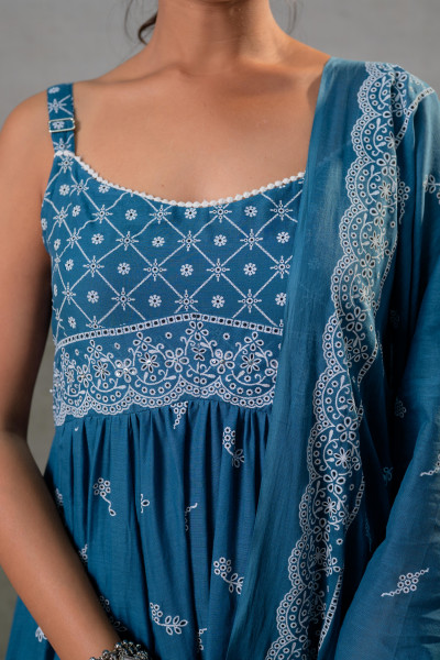 Indigo Printed Anarkali Kurta Set with Matching Dupatta