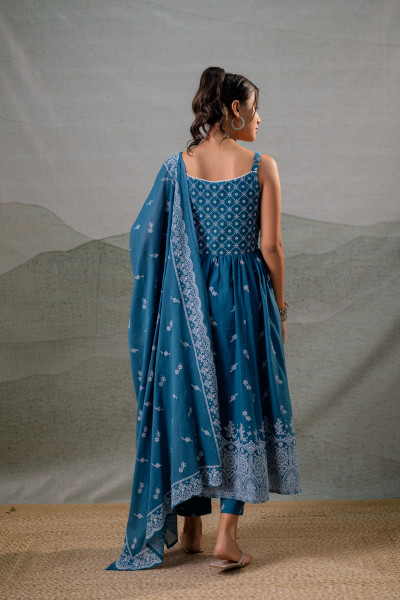 Indigo Printed Anarkali Kurta Set with Matching Dupatta