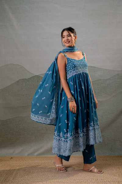 Indigo Printed Anarkali Kurta Set with Matching Dupatta
