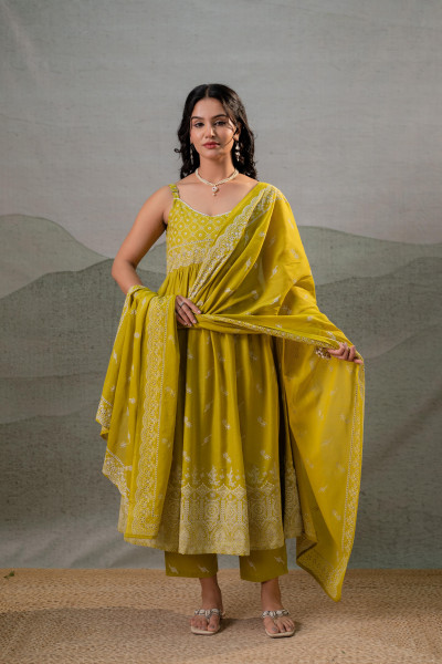 Lime Printed Anarkali Kurta Set with Matching Dupatta