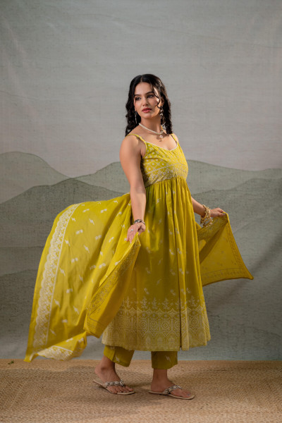 Lime Printed Anarkali Kurta Set with Matching Dupatta