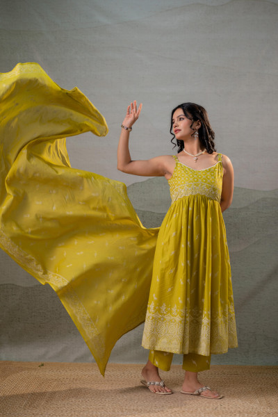 Lime Printed Anarkali Kurta Set with Matching Dupatta