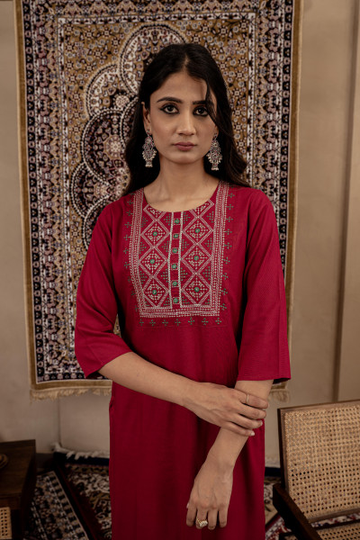 Maroon Embroidered Viscose Kurta