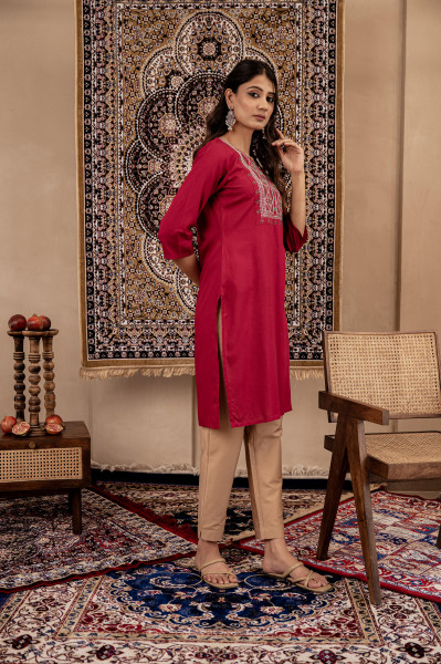 Maroon Embroidered Viscose Kurta
