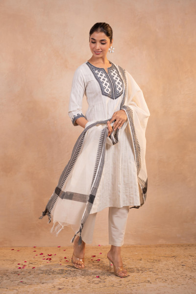 Elegant White Kurta Set with Black Embroidery & Dupatta