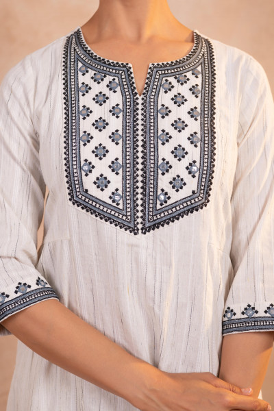 Elegant White Kurta Set with Black Embroidery & Dupatta