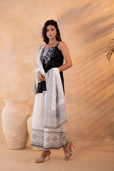 Elegant Black & White Ethnic Kurta Set with White Embroidery