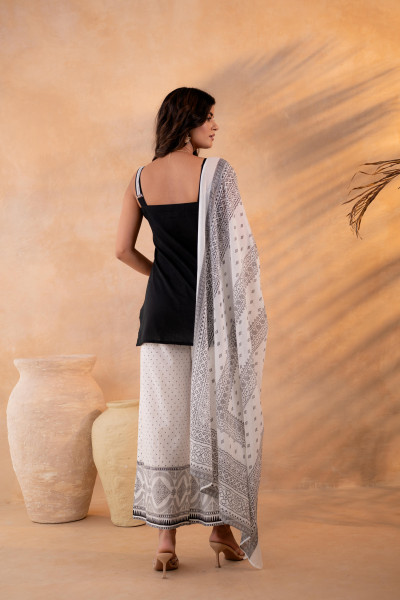 Elegant Black & White Ethnic Kurta Set with White Embroidery