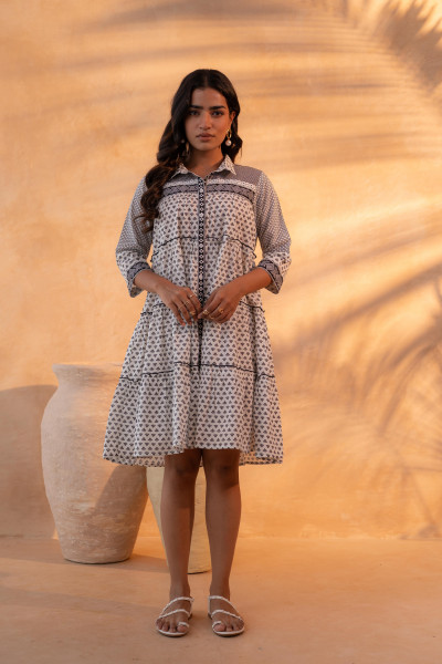 Black &amp; White Geometric Printed Cotton Short Dress