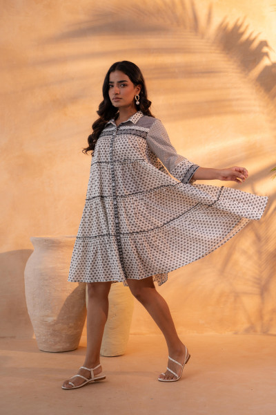 Black & White Geometric Printed Cotton Short Dress