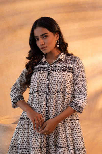 Black & White Geometric Printed Cotton Short Dress
