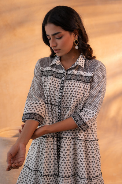 Black & White Geometric Printed Cotton Short Dress