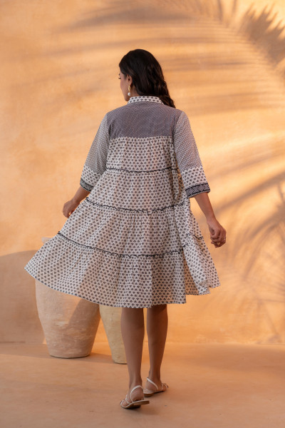 Black & White Geometric Printed Cotton Short Dress