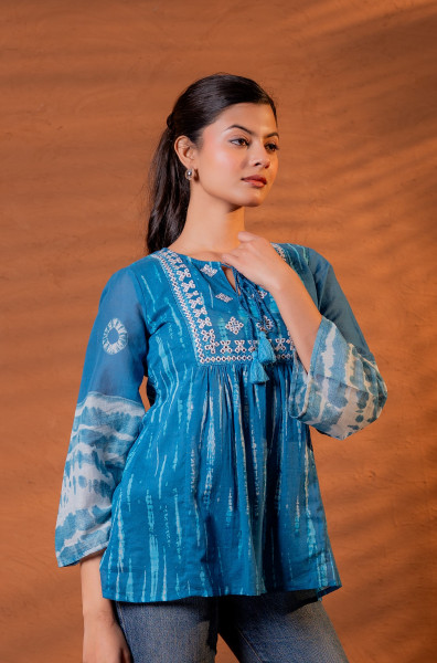 Indigo Teal Blue Tie-Dye Printed Yoke Tunic with Flared Sleeves