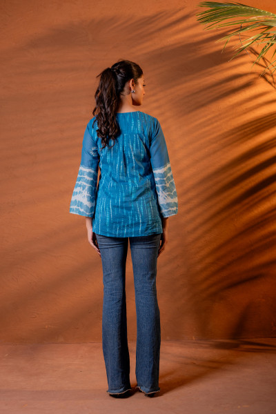 Indigo Teal Blue Tie-Dye Printed Yoke Tunic with Flared Sleeves