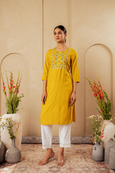 Mustard Embroidered Viscose Kurta