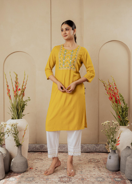 Mustard Embroidered Viscose Kurta