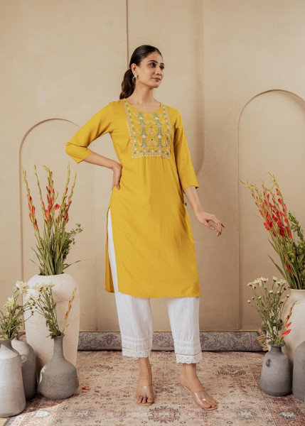 Mustard Embroidered Viscose Kurta