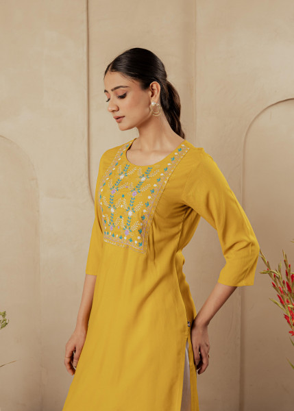 Mustard Embroidered Viscose Kurta