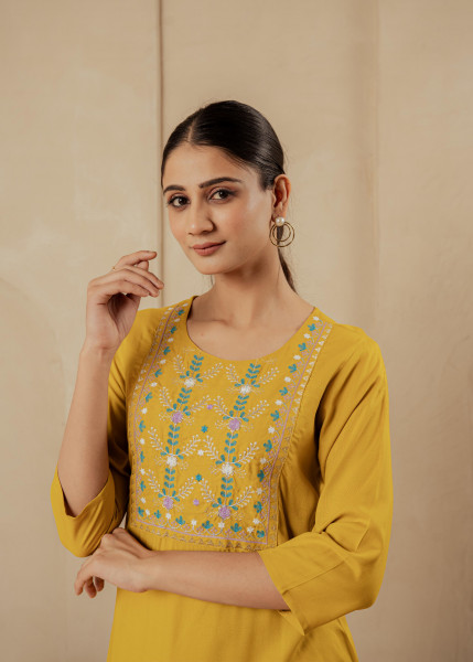 Mustard Embroidered Viscose Kurta