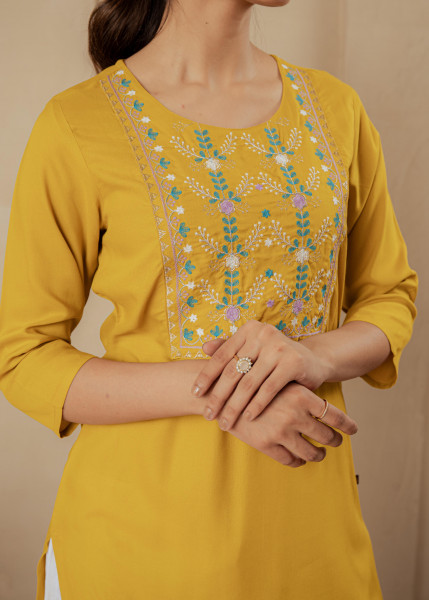 Mustard Embroidered Viscose Kurta