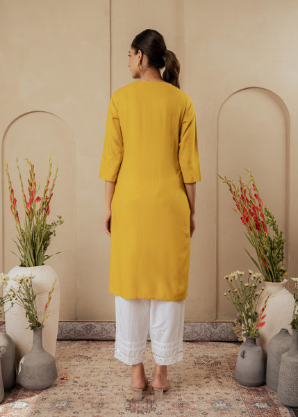Mustard Embroidered Viscose Kurta