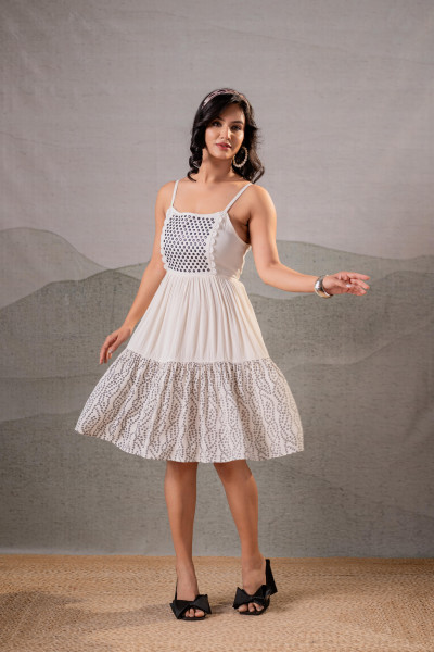 Elegant Black &amp; White Lace Panel Fit &amp; Flare Dress