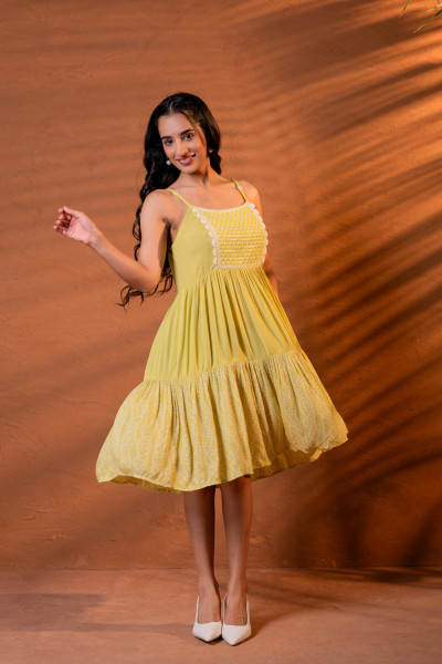 Elegant Lime &amp; White Lace Panel Fit &amp; Flare Dress